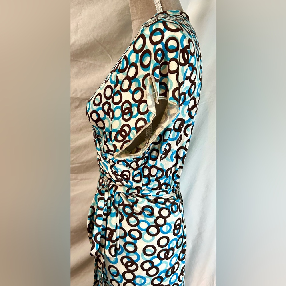 Vintage Y2K Banana Republic Cream, Blue Silk, Cotton Wrap Dress, Size XL - Picture 7 of 14
